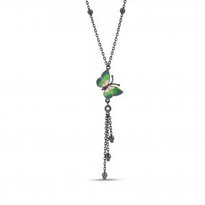Night Green Butterfly Designed Zincirli Silver Necklace