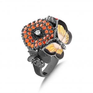 Night Paveli Brown Butterfly Designed Silver Ring