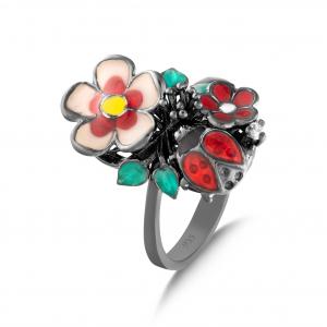 Night Flower and Ladybug Designed Silver Ring