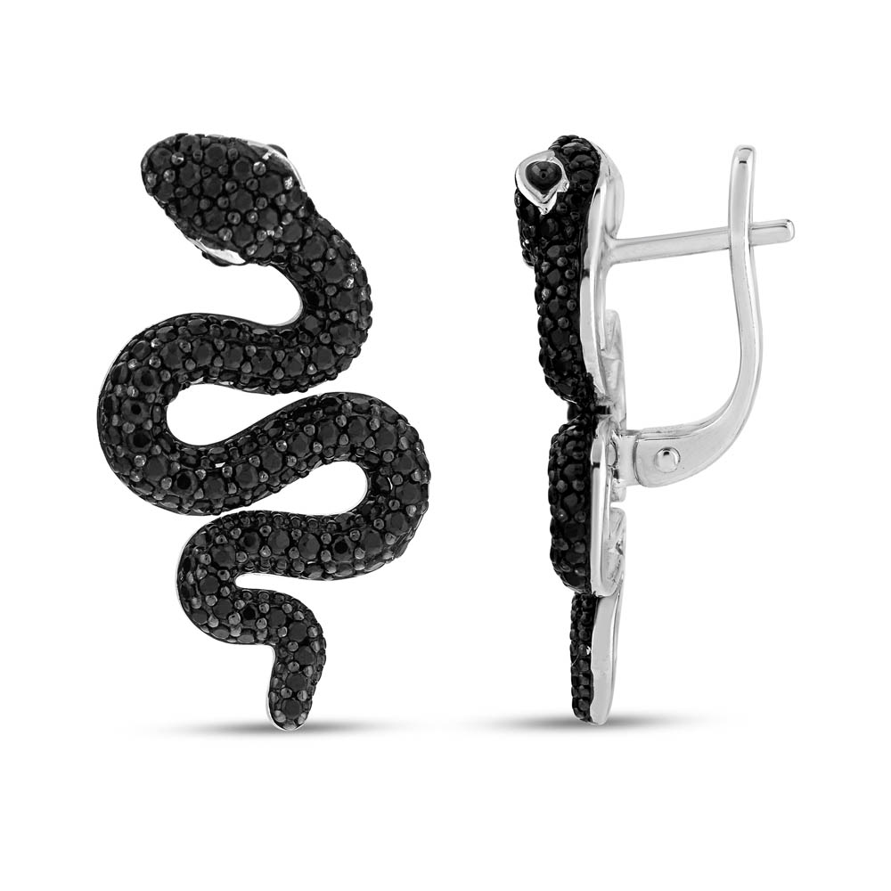 Dream Jungle Curved Black Snake Designed Silver Earringss