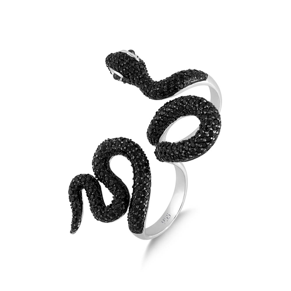 Dream Jungle Curved Black Snake Design Two Finger Silver Ring