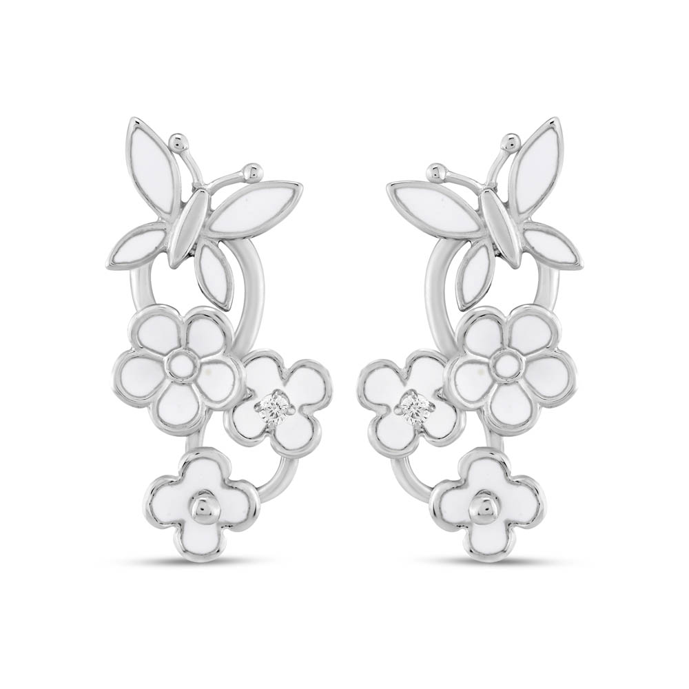 White Dreams Model-19 Butterfly ve Flower Designed Silver Earrings