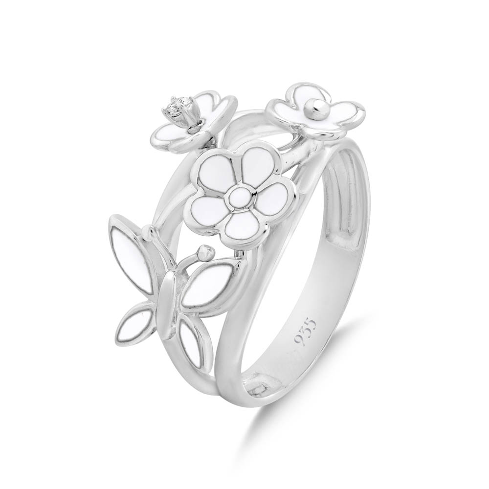 White Dreams Model-19 Butterfly ve Flower Designed Silver Ring