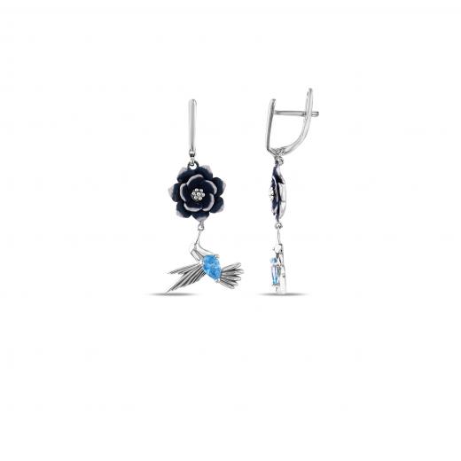 Global Warming Collection: Silver Dangle Earrings with Blue Stone Birds and Flowers