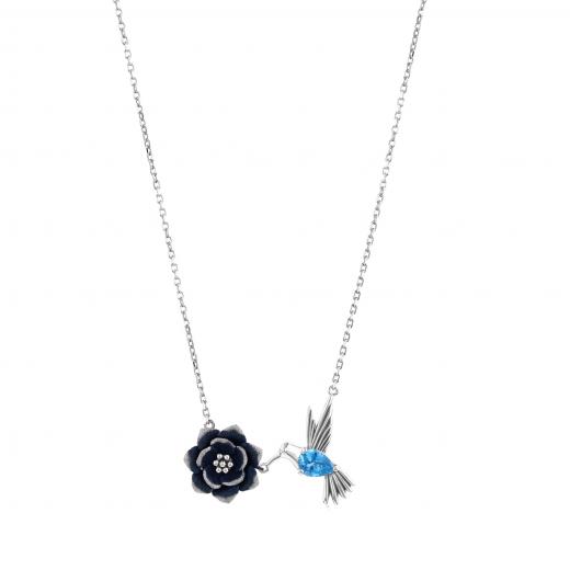 Global Warming Collection: Silver Necklace with Blue Stone, Bird, and Flower Design