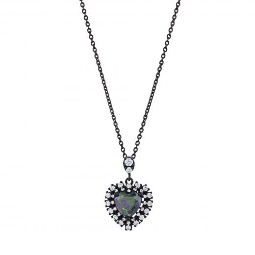 Black Magic Collection Stone-Set Heart-Shaped Black Silver Necklace