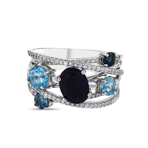 Gift Collection Crossover Design Sparkling Blue Stone Silver Ring