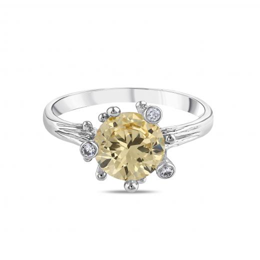 Gift Collection Yellow Solitaire Silver Ring with Side Stones