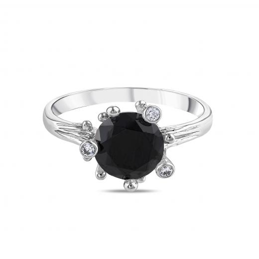 Gift Collection: Black Solitaire Silver Ring with Side Stones