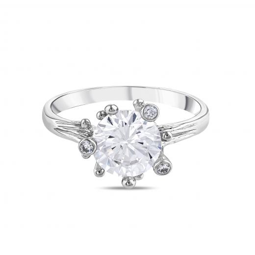 Gift Collection White Solitaire Silver Ring with Side Stones