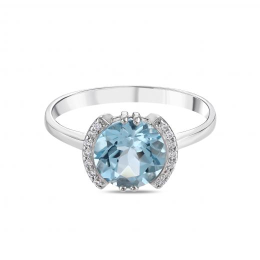 Gift Collection: Round-Cut Blue Stone Silver Ring with Sparkling Strips on the Sides