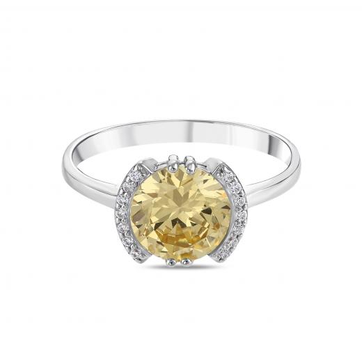 Gift Collection: Round-Cut Yellow Stone Silver Ring with Sparkling Strips on the Sides