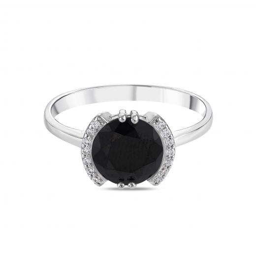 Gift Collection: Round-Cut Black Stone Silver Ring with Sparkling Strips on the Sides