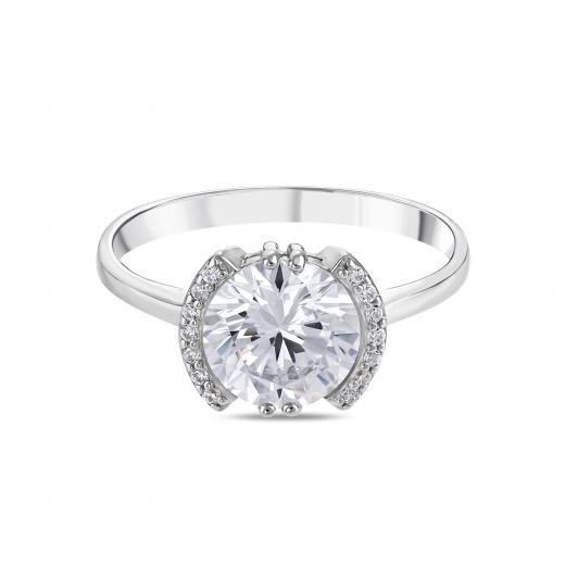 Gift Collection: Round-Cut White Stone Silver Ring with Sparkling Strips on the Sides