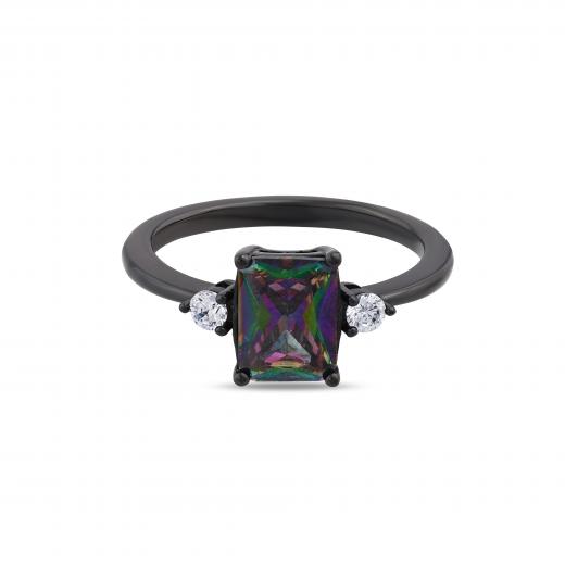Black Magic Collection  Black Silver Ring with Baguette-Cut Side Stones