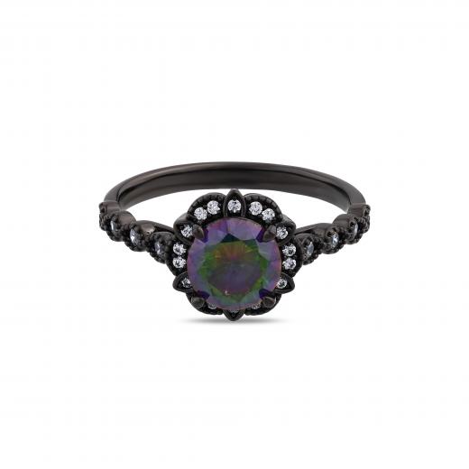 Black Magic Collection: Round-Cut Silver Ring with Black Stones