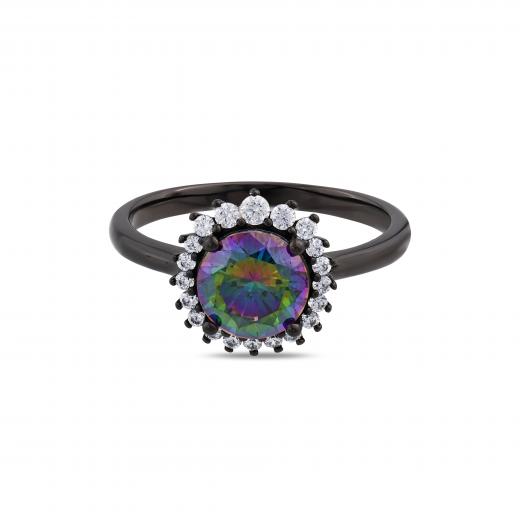 Black Magic Collection: Black Round Silver Ring with Side Stones