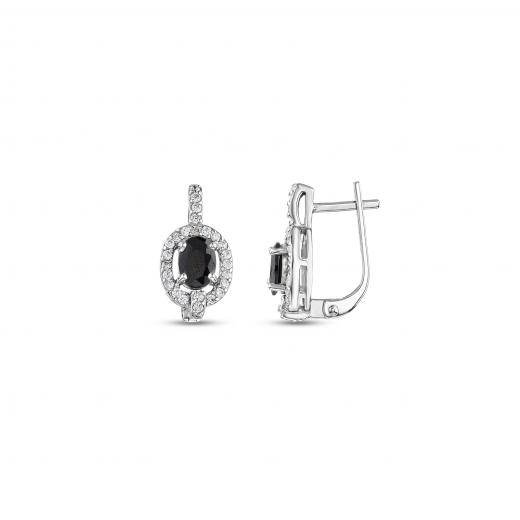 Gift Collection Classic Oval Design Open-Back Silver Earrings with Black Crystal Stones
