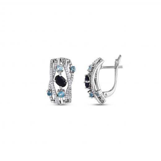 Gift Collection Layered Silver Earrings with Blue and Light Black Stone Accents
