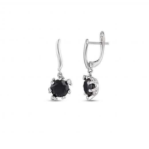 Gift Collection Dangle Silver Earrings with Black Stones and Zircon Accent