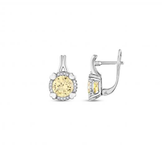 Gift Collection: Silver Earrings with Yellow Stone and Heart-Shaped Clasps