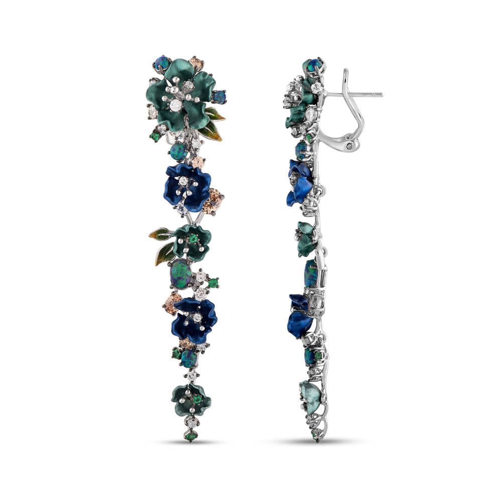 Primrose Collection Green Floral Design Enamel Silver Earrings