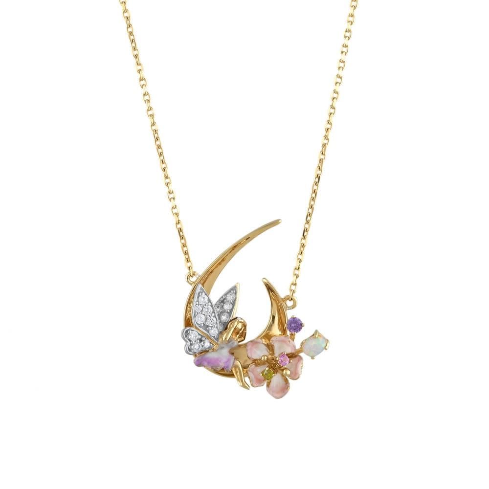 Fairy Tales Collection Yellow Plated Crescent Moon and Fairy Figure Enamelled Silver