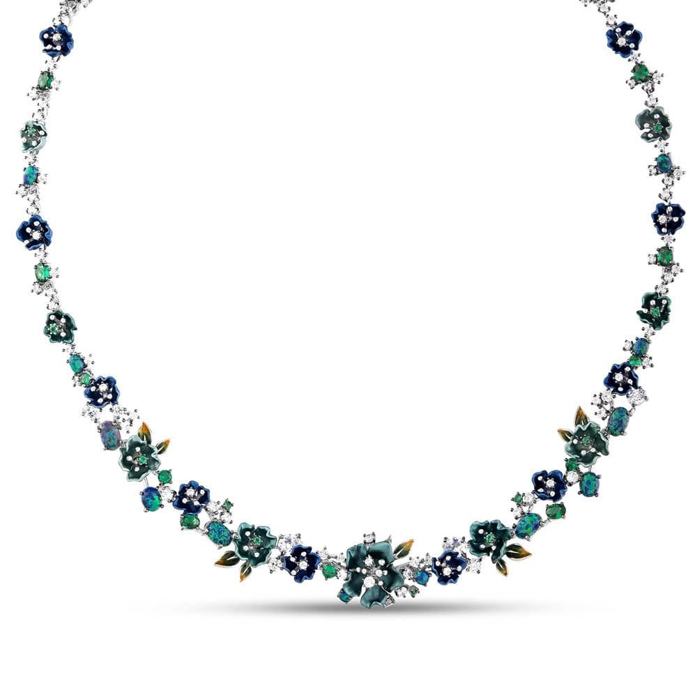 Primrose Collection Green Floral Design Enamel Silver Necklace