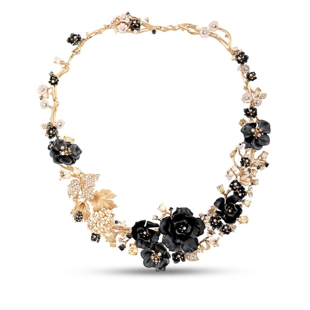 Primrose Collection Black Floral Design Enamel Sterling Silver Necklace