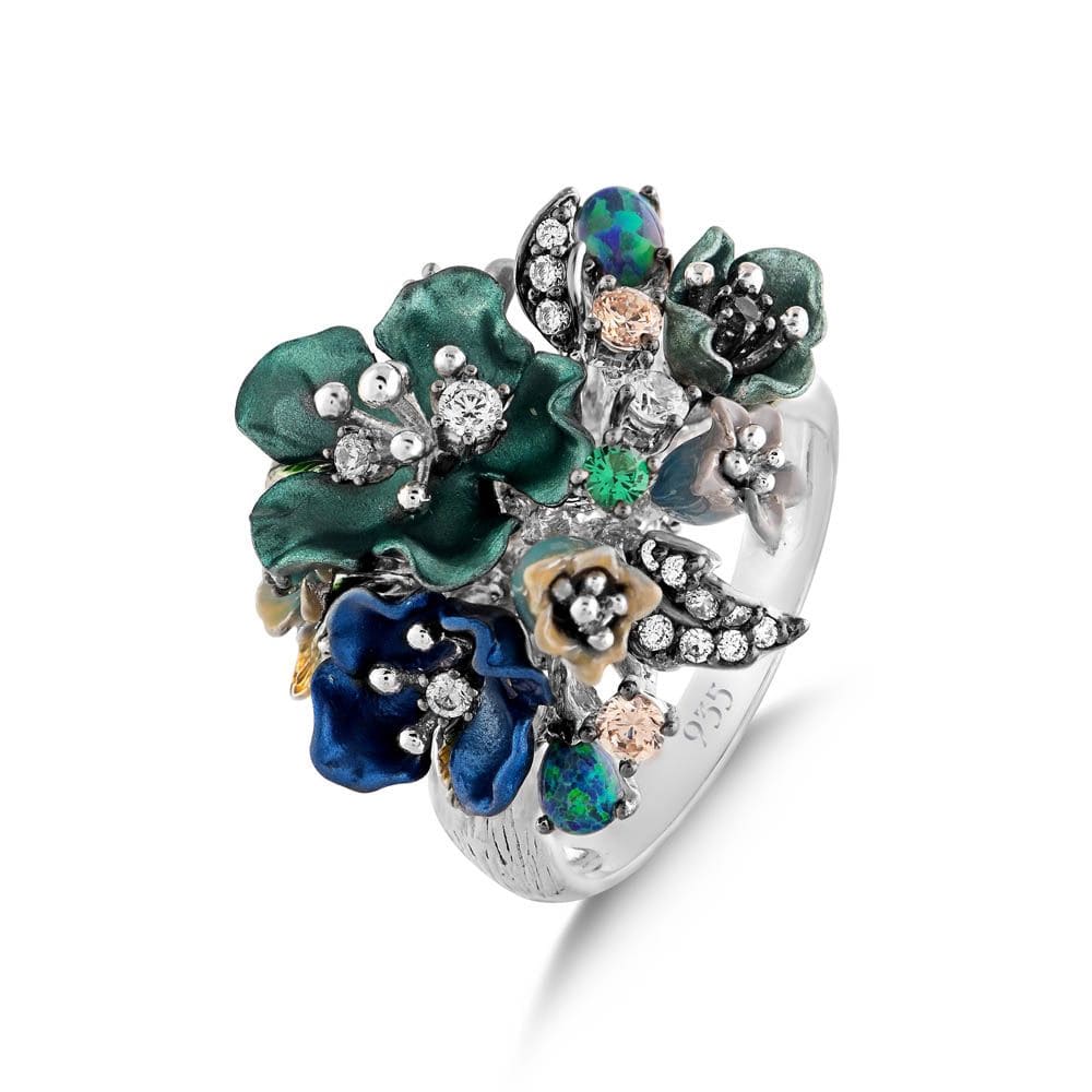 Серебряное кольцо Primrose Collection с трехмерным цветочным букетом и разноцветными камнями