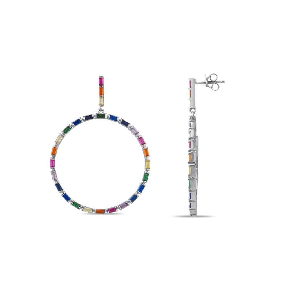 Rainbow Koleksiyonu Çok Renkli Baget Taşlı Modern Halka Gümüş Küpe