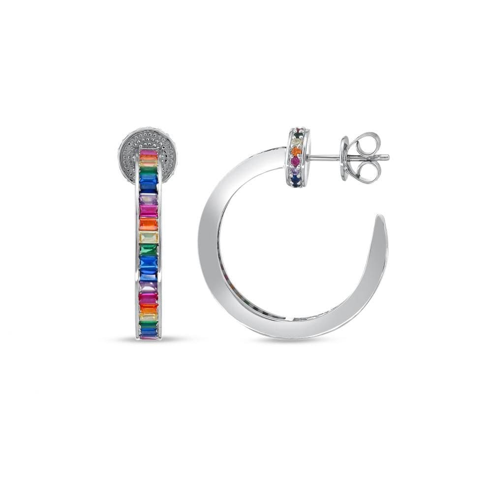 Rainbow Koleksiyonu Çok Renkli Baget Taşlı "C" Form Halka Küpe Gümüş Küpe