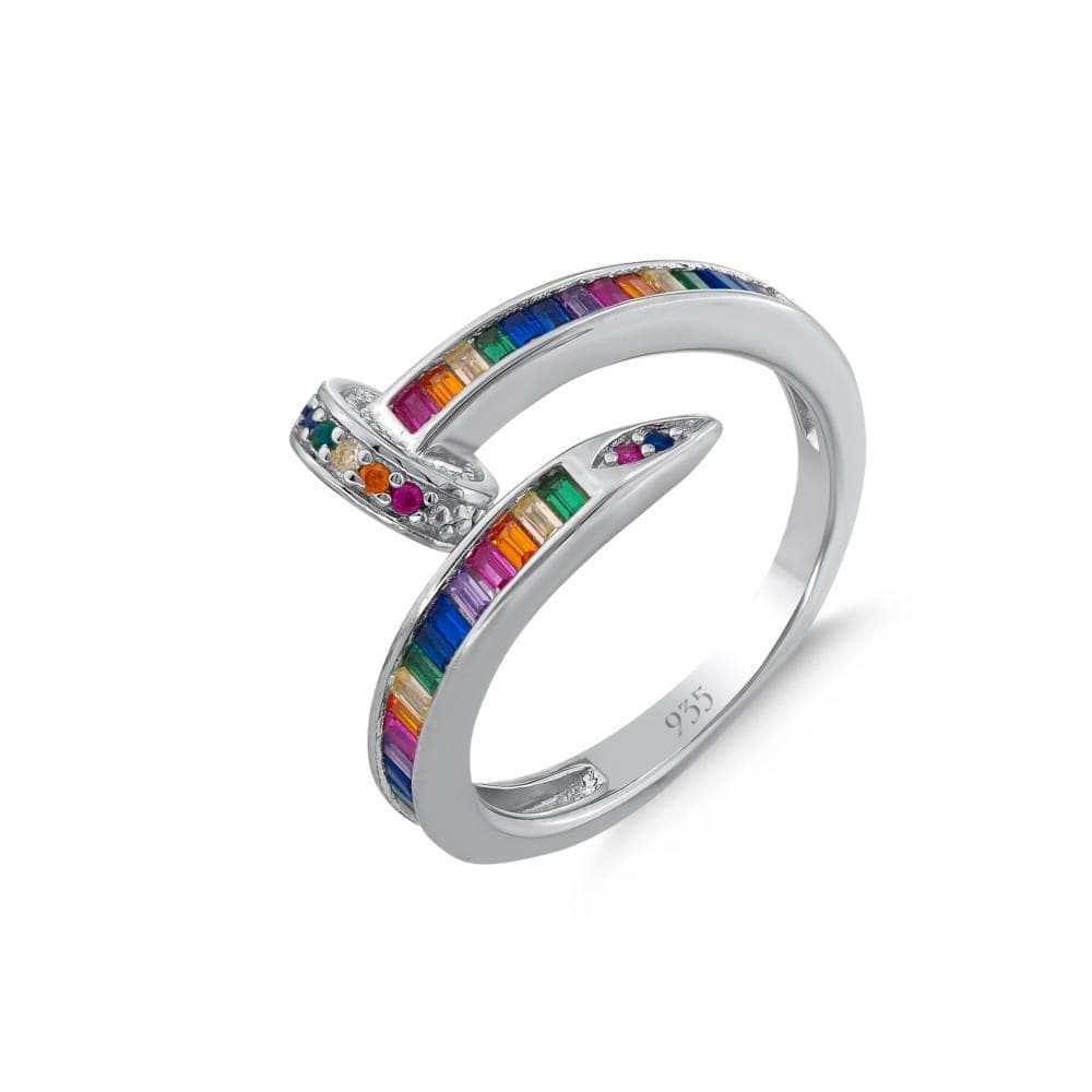 Rainbow Koleksşyonu Gökkuşağı Baget Taşlı Çivi Gümüş Yüzük