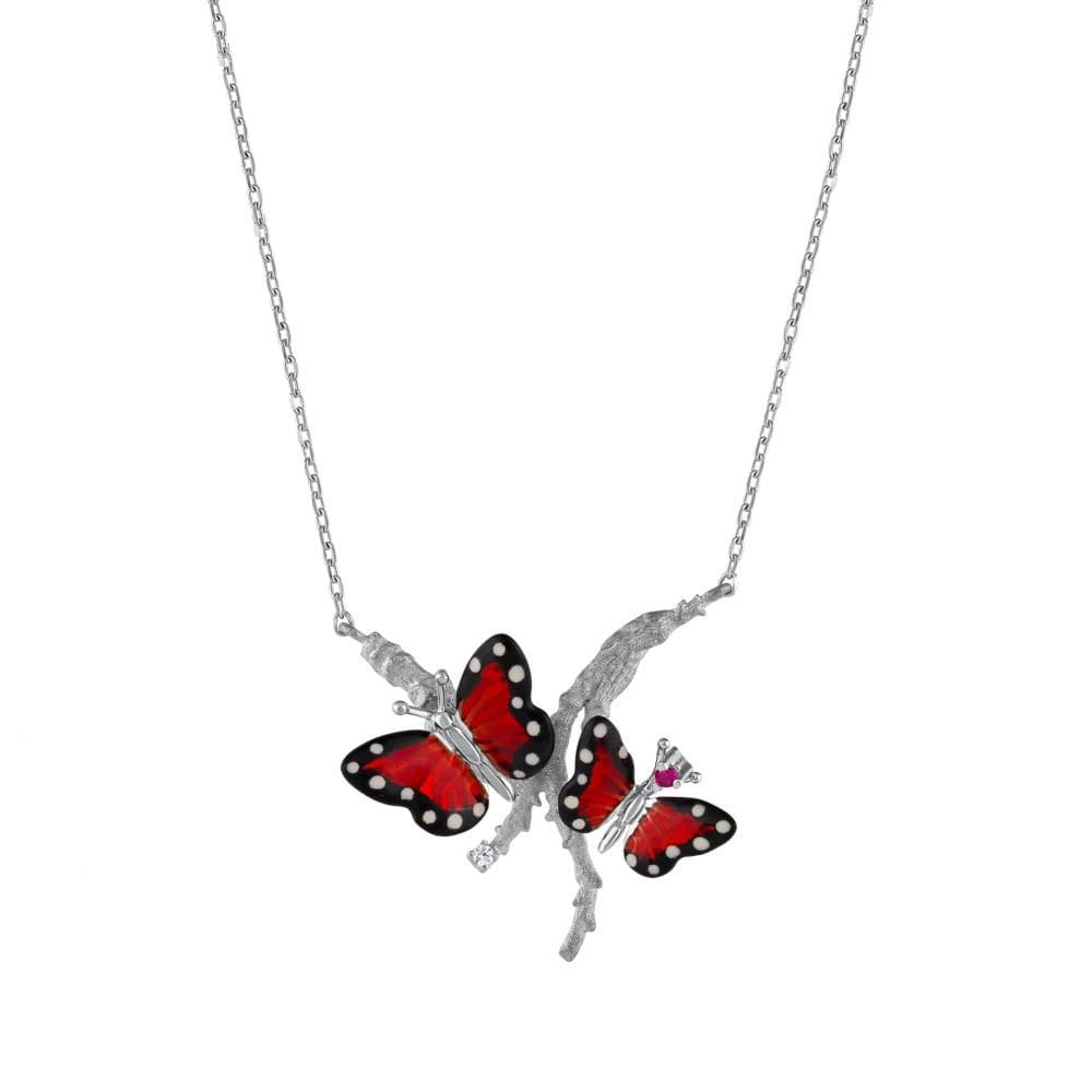 Серебряное украшение Monarch Butterfly с красной эмалью, двойными бабочками и дизайном ветки