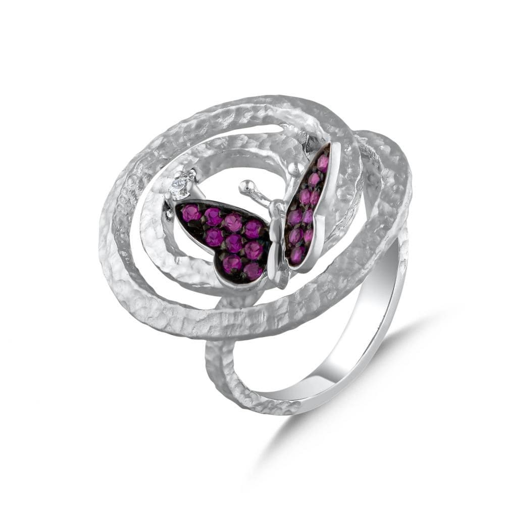Monarch Butterfly Pembe Taşlı Kelebek Figürlü Dövme Gümüş Dokulu Yüzük