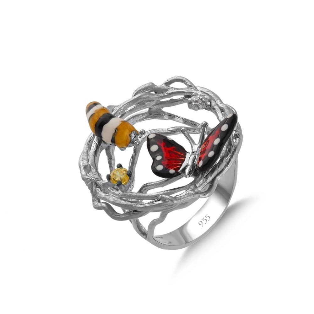 Серебряное кольцо Monarch Butterfly с эмалью, пчелами и бабочками, инкрустированное камнями
