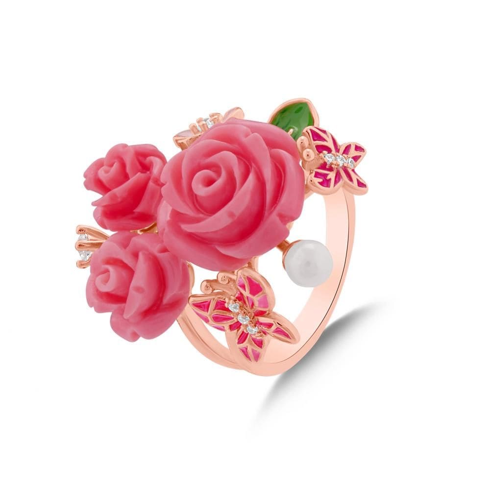 Rosered Kelebekli Gül Buketi Rose Altın Kaplama Gümüş Yüzük