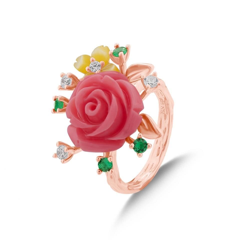 Rosered Sarı Çiçekli Gül Tasarımlı Rose Altın Renkli Gümüş Yüzük