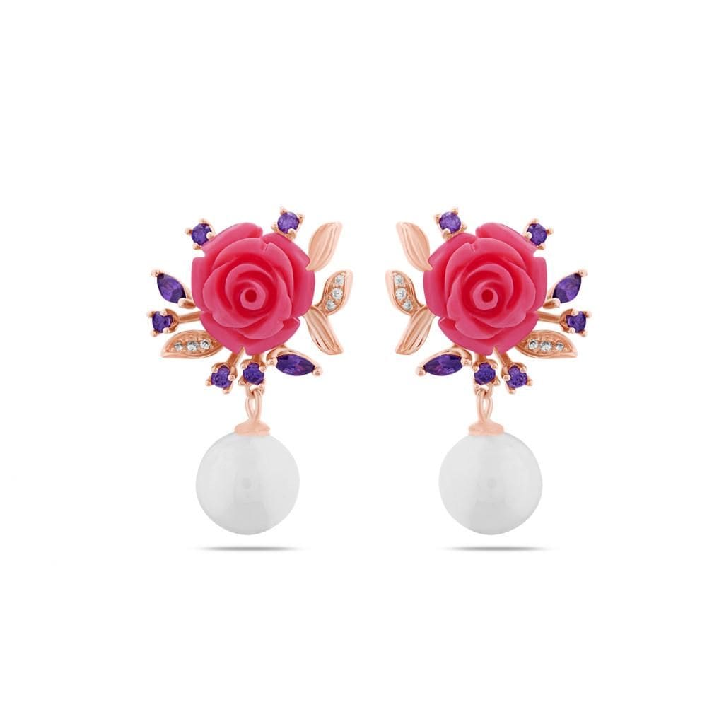 Rosered Mor Tomurcuklu Gül Tasarımlı İncili Rose Altın Renkli Gümüş Küpe