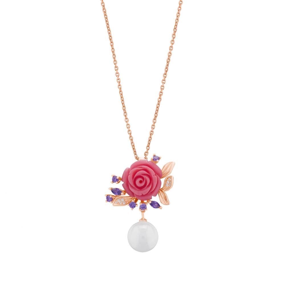 Rosered Mor Tomurcuklu Gül Tasarımlı İncili Rose Altın Renkli Gümüş Kolye