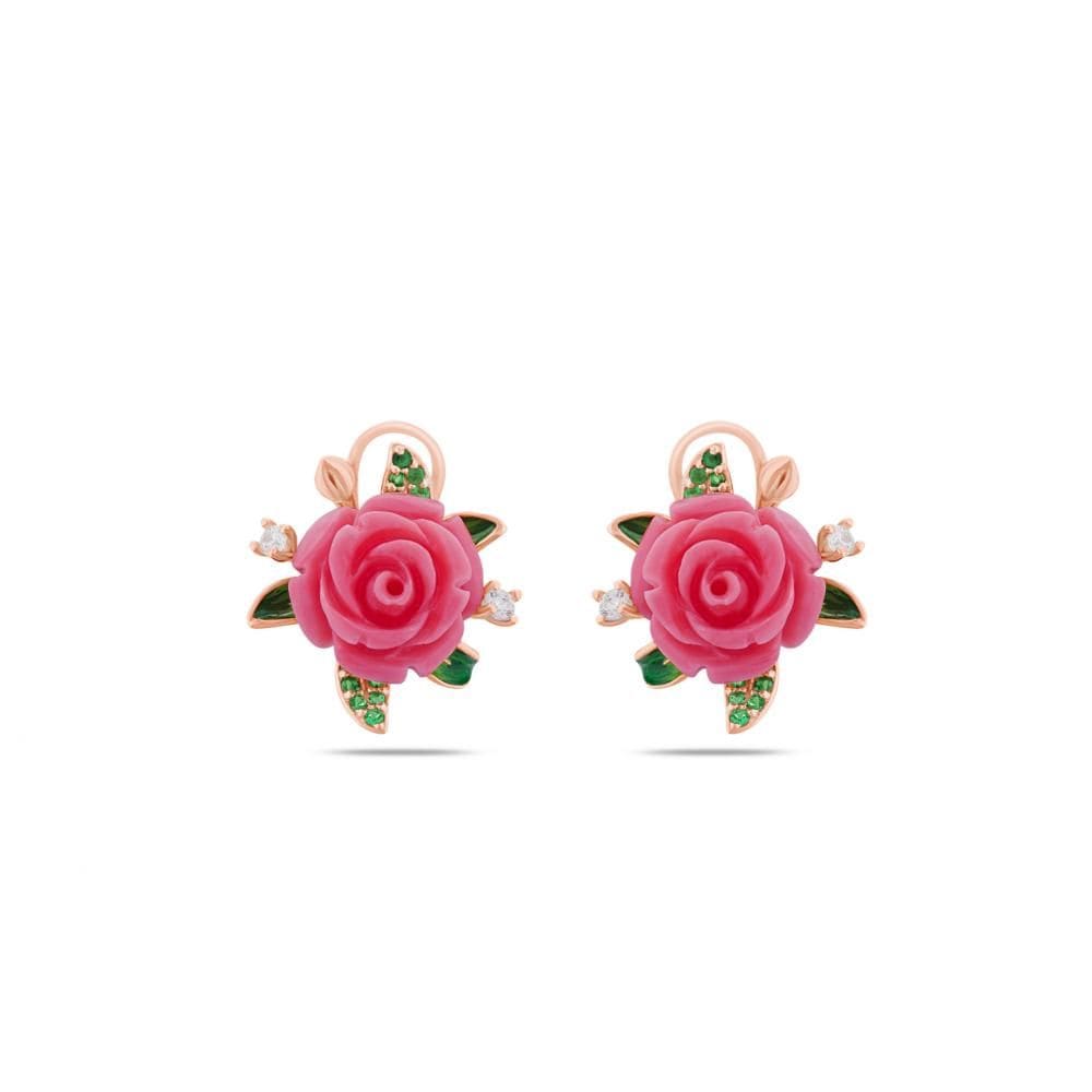 Rosered Yapraklı Gül Tasarımlı Rose Altın Renkli Gümüş Küpe