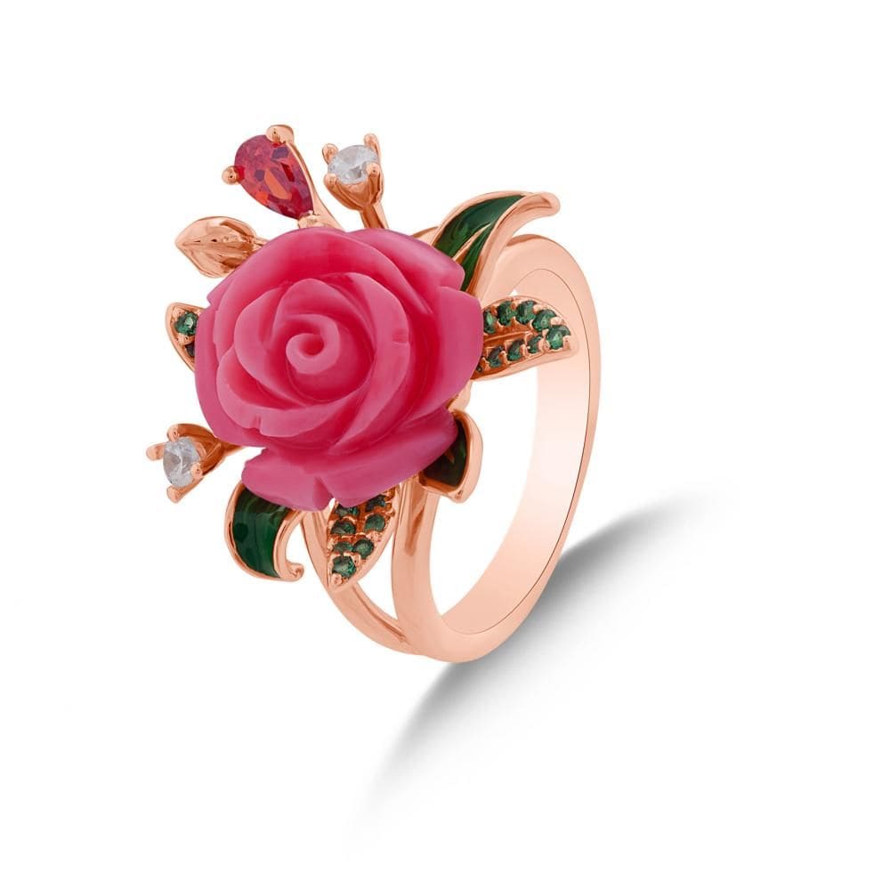 Rosered Yapraklı Gül Tasarımlı Rose Altın Renkli Gümüş Yüzük