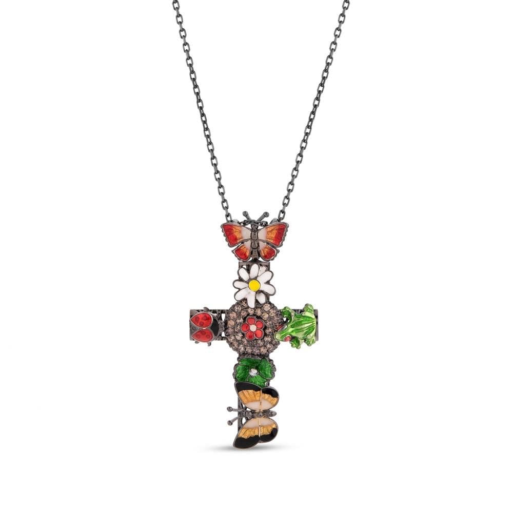 Night Flower Garden Model-2 Cross Design Silver Necklace