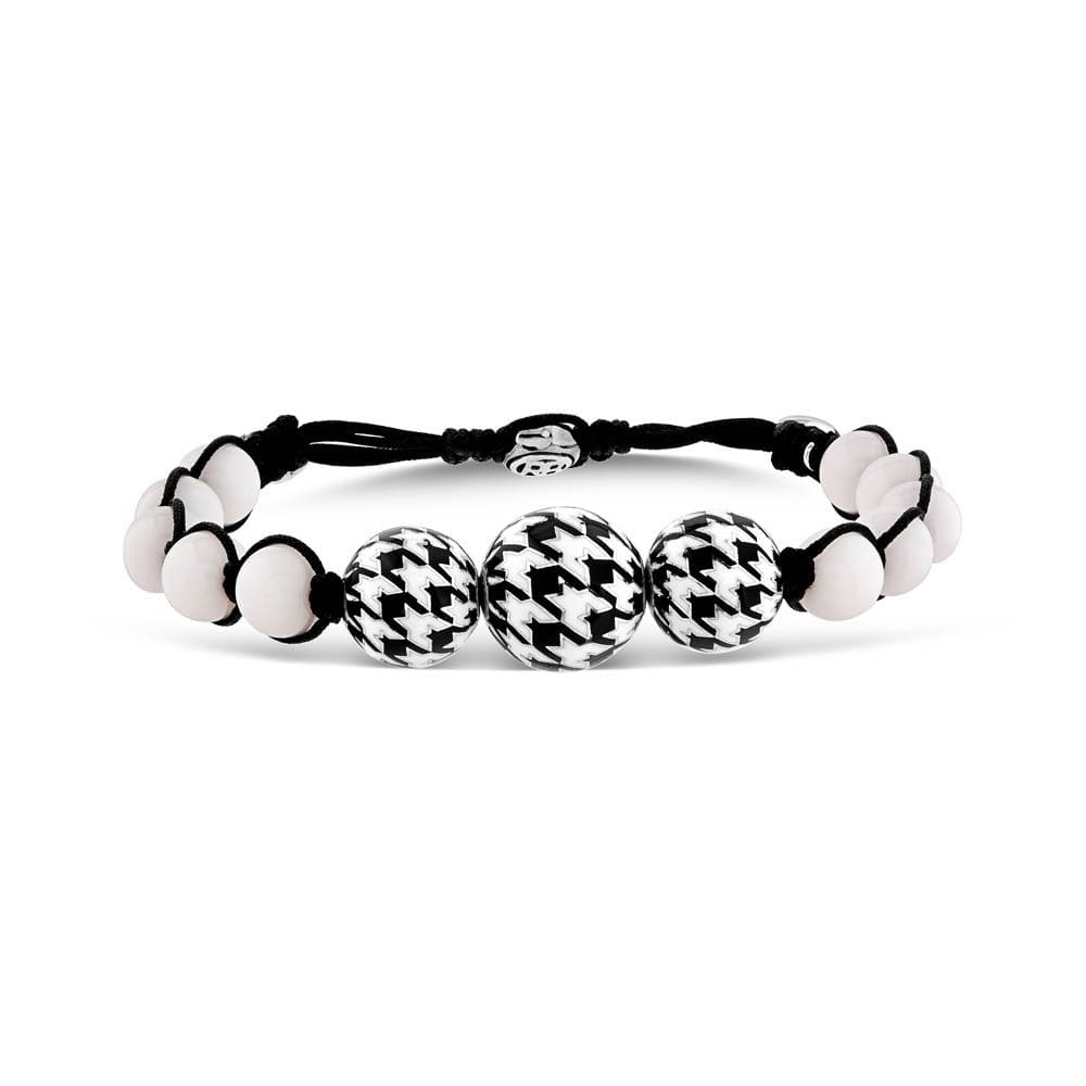 Pied De Poule Black and White Enamel White Beaded String Bracelet
