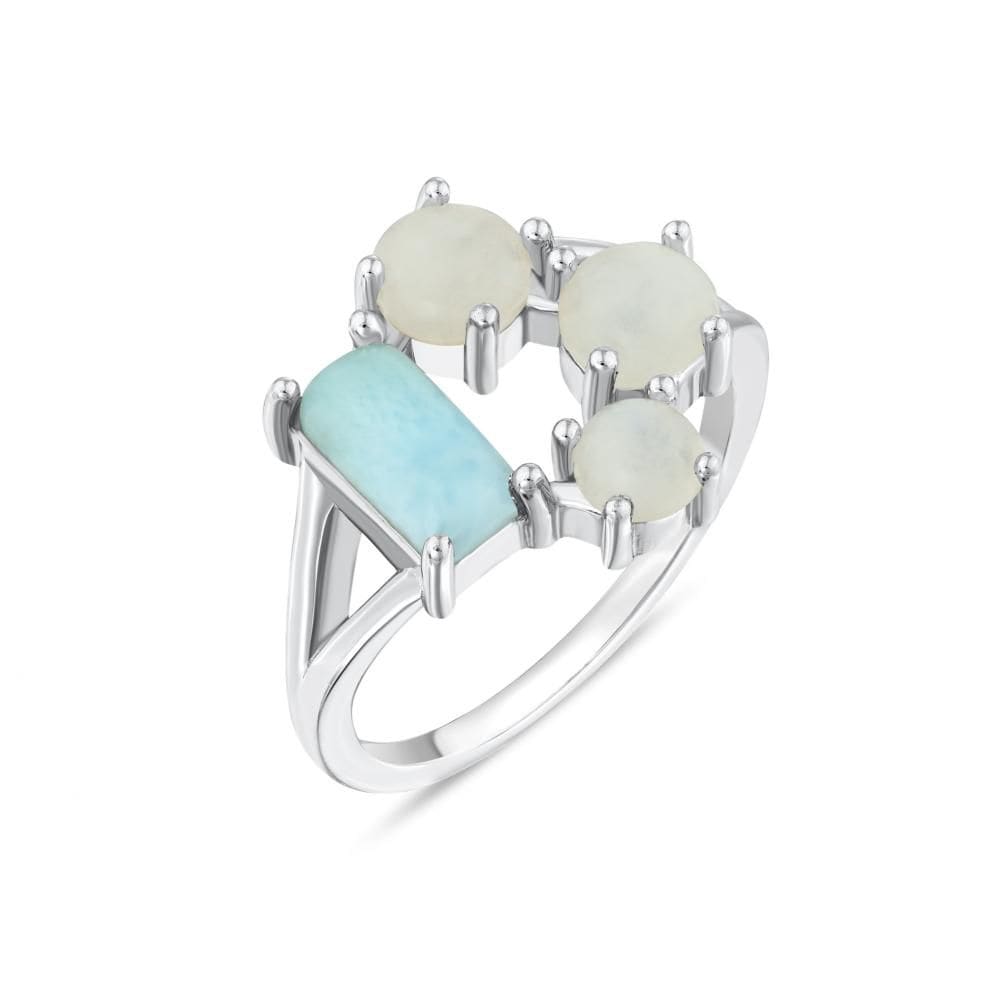 Lucky Gems Koleksiyonu Doğal Larimar ve Çoklu Sedef Taşlı Gümüş Yüzük