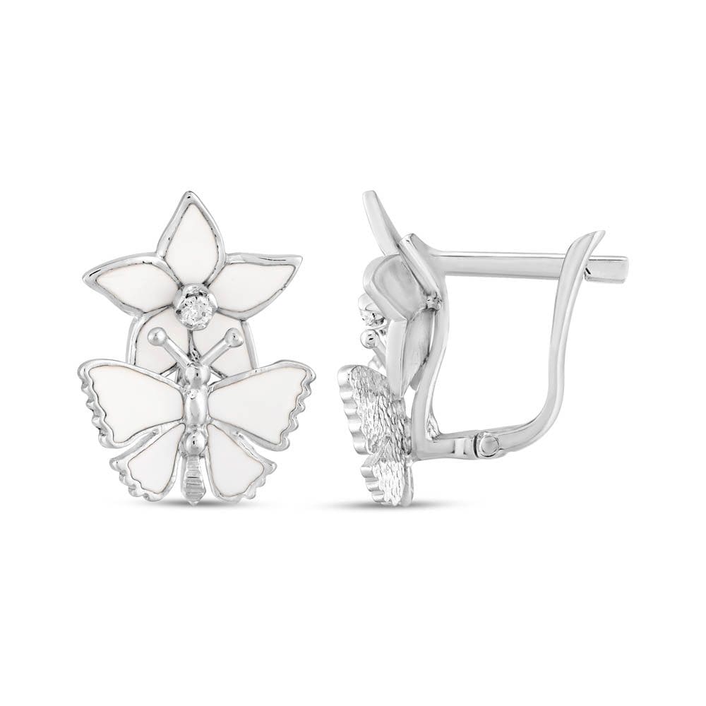 White Dreams White Enamel Flower and Butterfly Figure Silver Earrings
