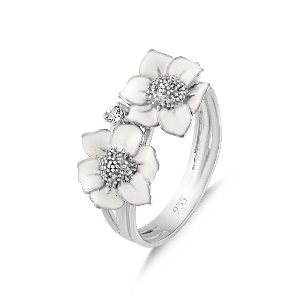 White Dreams White Enamel Double Flower Silver Ring