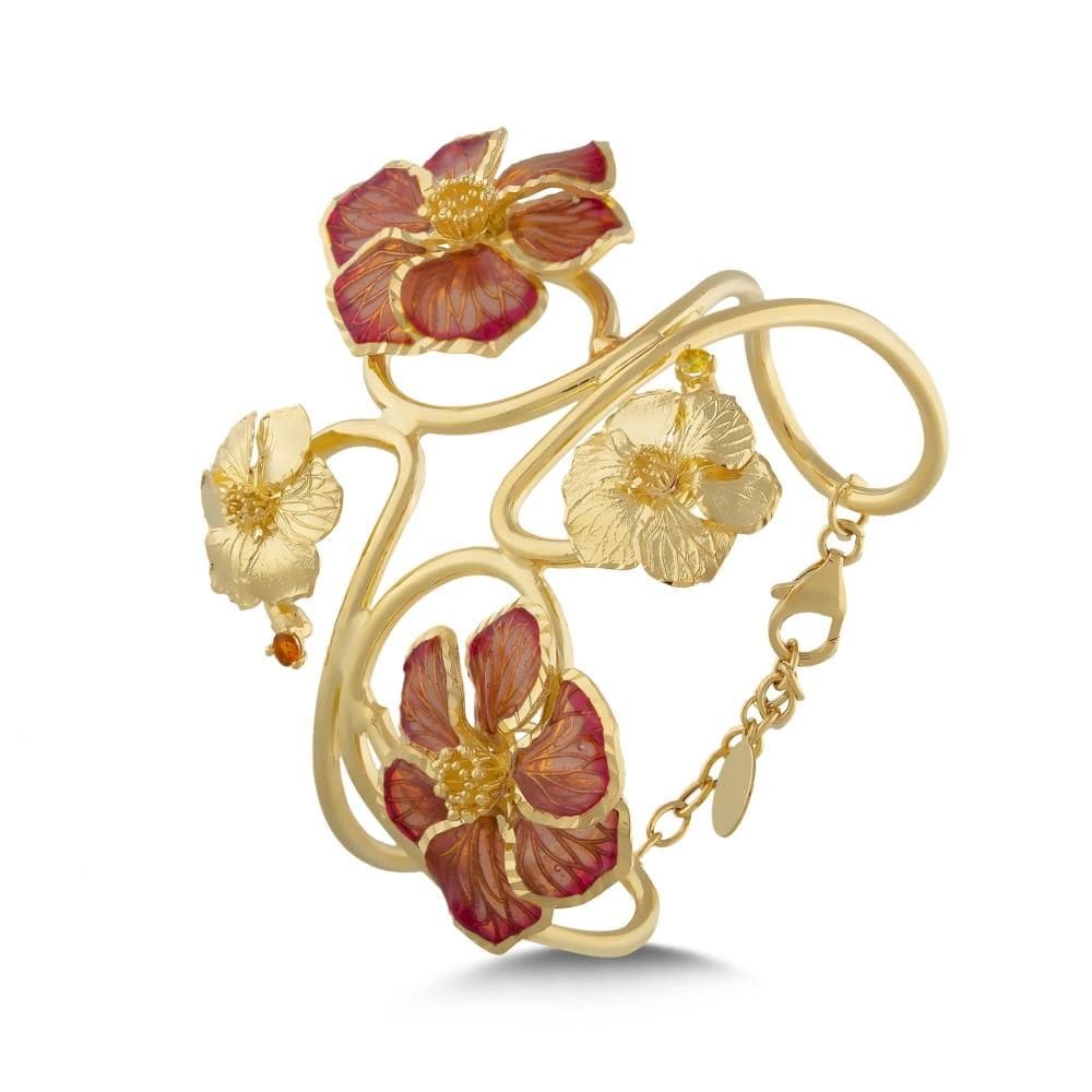 Le Jardin Collection Handcrafted Orange Enamel and Yellow Plated Design Bracelet