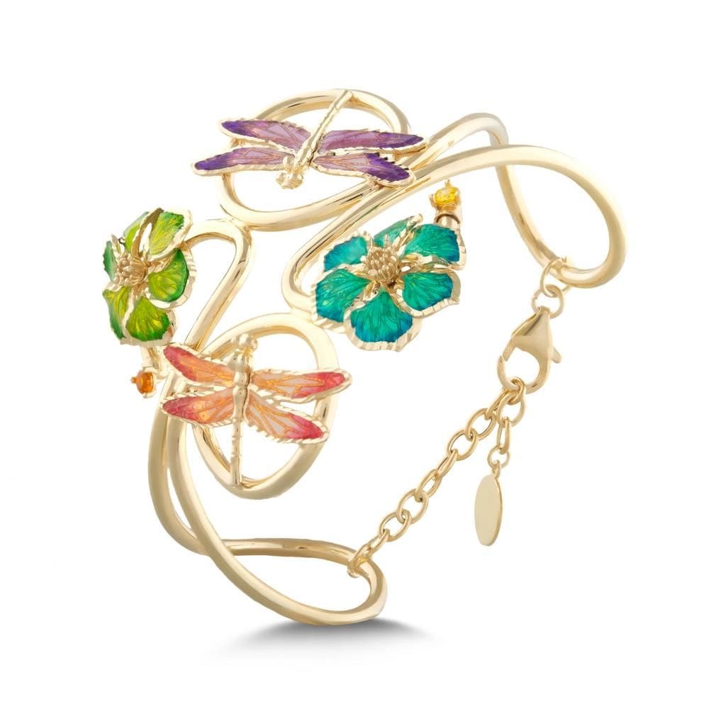 Le Jardin Yellow Plated Colorful Enamel Dragonfly and Flower Figured Bracelet