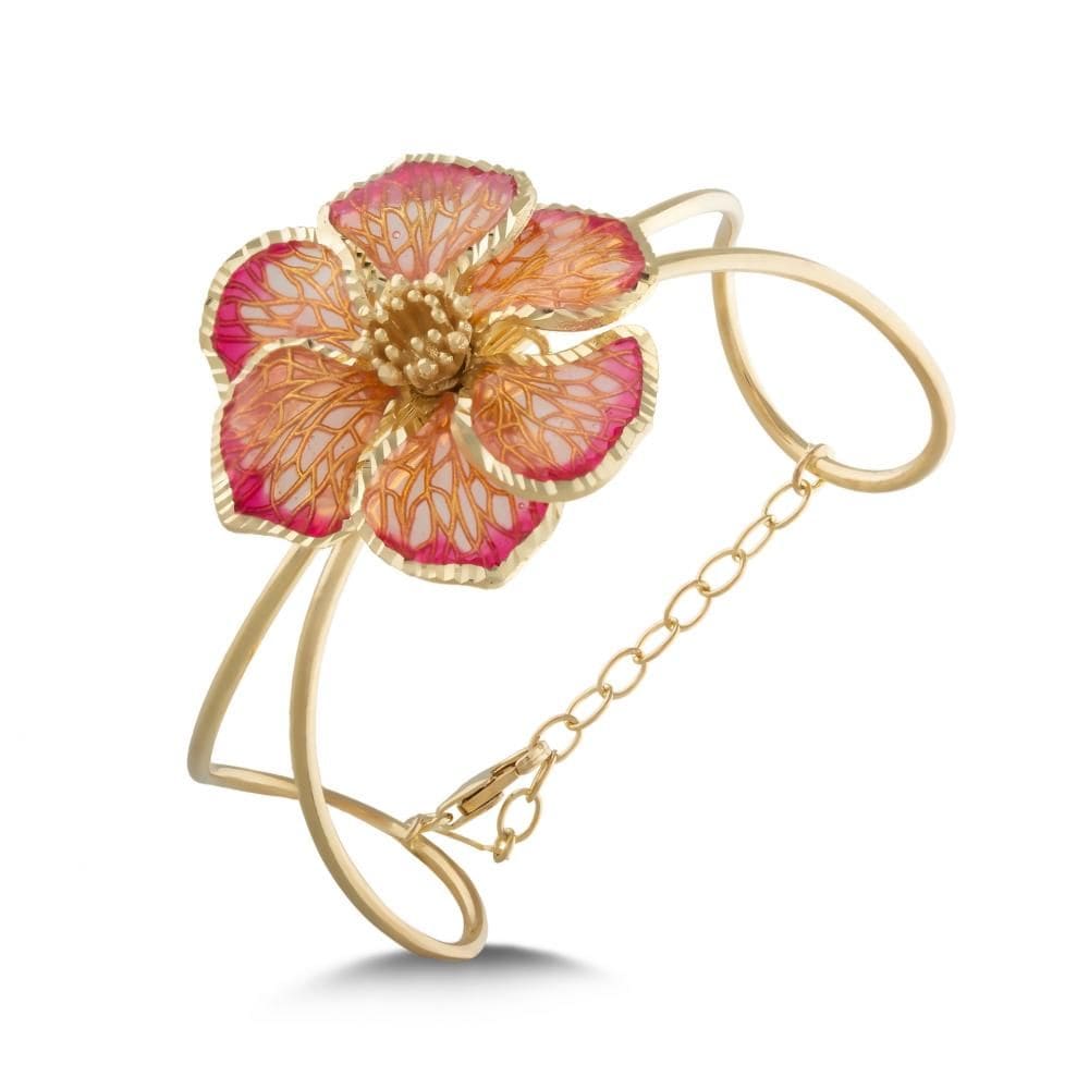 Le Jardin AltSarın Plated Large Floral Motif Transparent Pink Enamel Bracelet